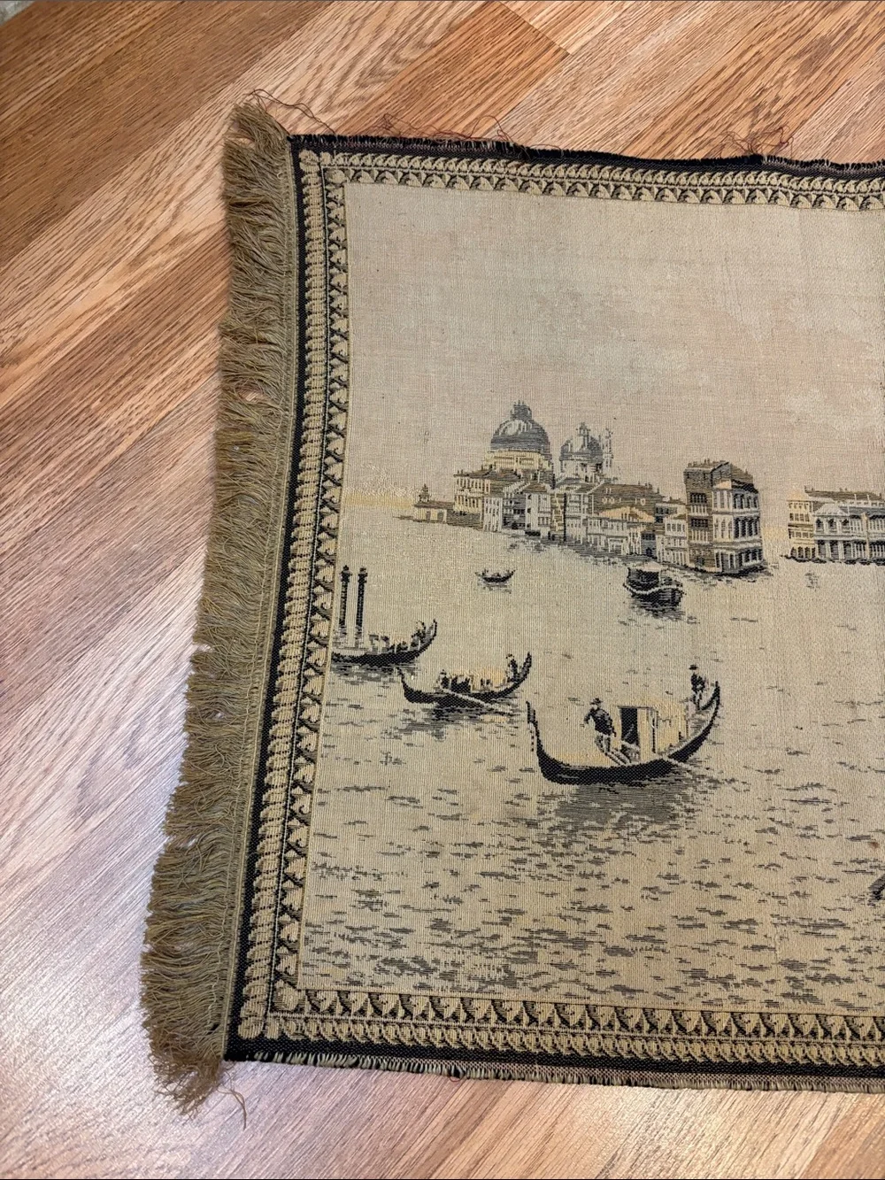 Vintage Venezia Beige and Black Venetian Gondola Wall Tapestry